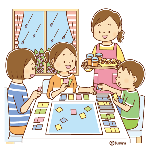 雨の日に部屋でボードゲームをする子供たち ソフト 子供と動物のイラスト屋さん わたなべふみ