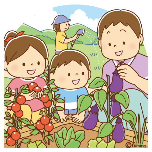 家庭菜園 野菜を収穫する家族のイラスト ソフト 子供と動物のイラスト屋さん わたなべふみ