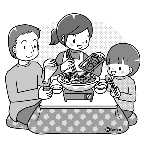 コタツで鍋をする家族のイラスト モノクロ 子供と動物のイラスト屋さん わたなべふみ