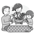 コタツで鍋をする家族（モノクロ） 