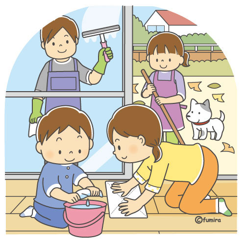 大掃除をする家族のイラスト カラー 子供と動物のイラスト屋さん わたなべふみ