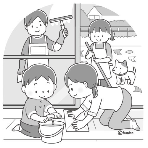 大掃除をする家族のイラスト モノクロ 子供と動物のイラスト屋さん わたなべふみ