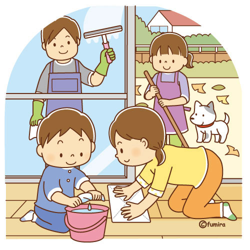 大掃除をする家族のイラスト ソフト 子供と動物のイラスト屋さん わたなべふみ