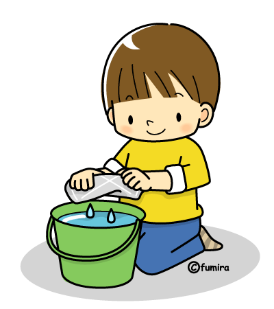 大掃除 お手伝い 雑巾をしぼる子供 カラー 子供と動物の