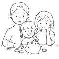 貯金箱にお金を入れるこどもと両親のイラスト(ぬりえ) 貯金箱にお金を入れるこどもと両親のイラスト(ぬりえ)