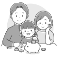 貯金箱にお金を入れるこどもと両親のイラスト(モノクロ) 貯金箱にお金を入れるこどもと両親のイラスト(モノクロ)
