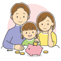 貯金箱にお金を入れるこどもと両親のイラスト(カラー) 貯金箱にお金を入れるこどもと両親のイラスト(カラー)