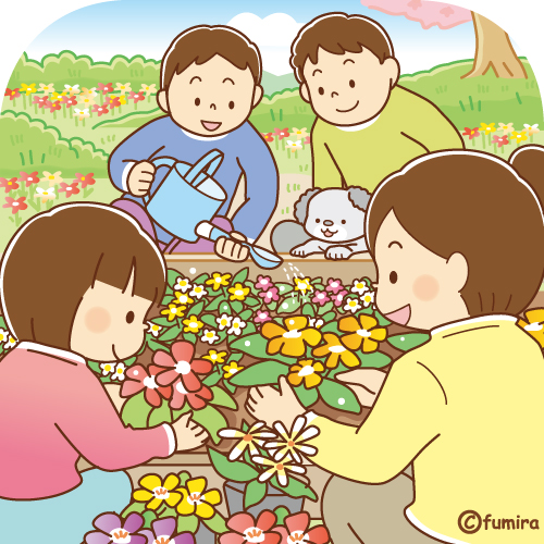 花壇に花を植える家族のイラスト ソフト 子供と動物のイラスト屋さん わたなべふみ