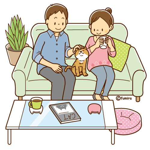 猫とソファーでくつろぐ男女のイラスト ソフト 子供と動物のイラスト屋さん わたなべふみ