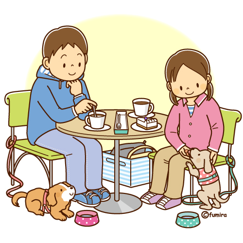 ドッグカフェでくつろぐ男女と犬のイラスト（ソフト）