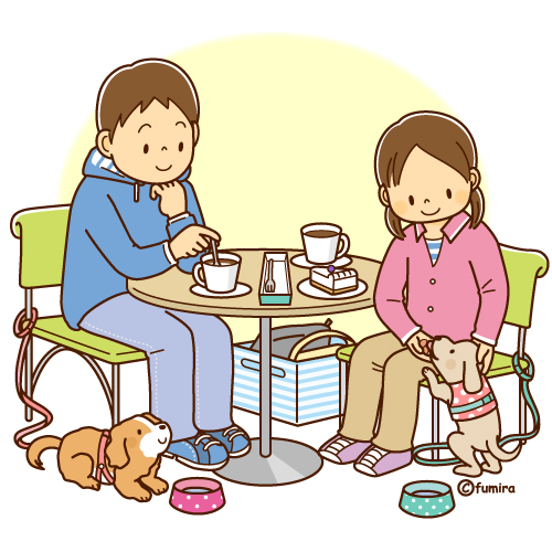 ドッグカフェでくつろぐ男女と犬のイラスト ソフト 子供と動物のイラスト屋さん わたなべふみ