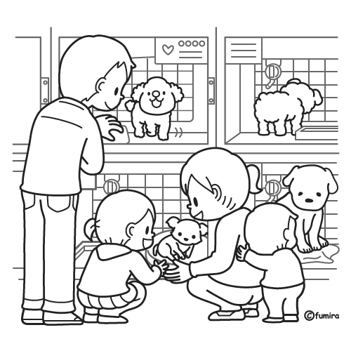 ペットショップに行く家族のイラスト ぬりえ 子供と動物のイラスト屋さん わたなべふみ