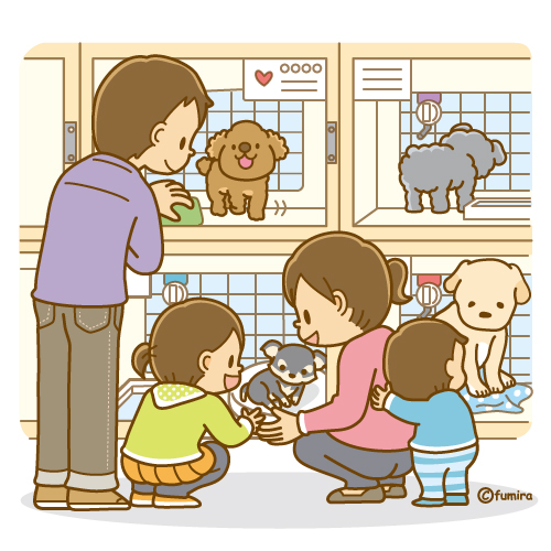 ペットショップに行く家族のイラスト ソフト 子供と動物のイラスト屋さん わたなべふみ