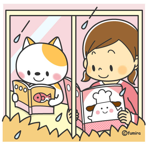 雨の日・本を読む子供と猫のイラスト（カラー）