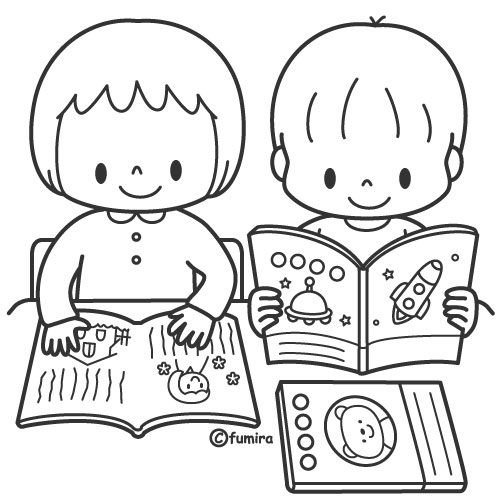 読書の秋・本を読む子どもたちのイラスト（ぬりえ）