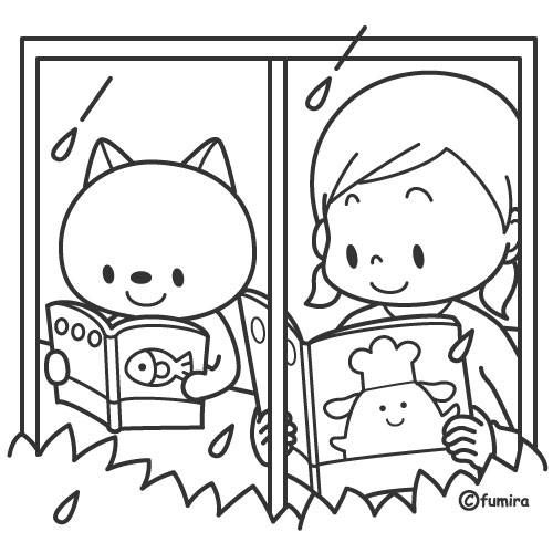雨の日・本を読む子供と猫のイラスト（ぬりえ）