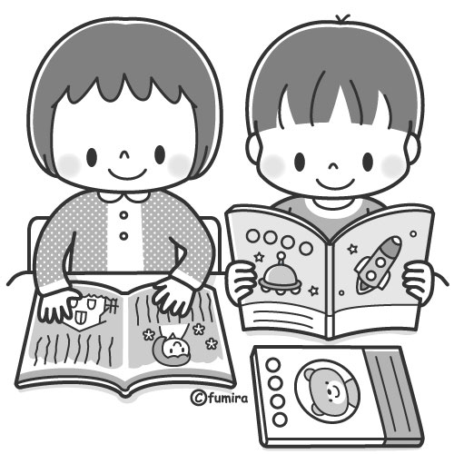 読書の秋 本を読む子どもたちのイラスト モノクロ