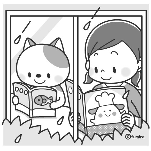 雨の日・本を読む子供と猫のイラスト（モノクロ）
