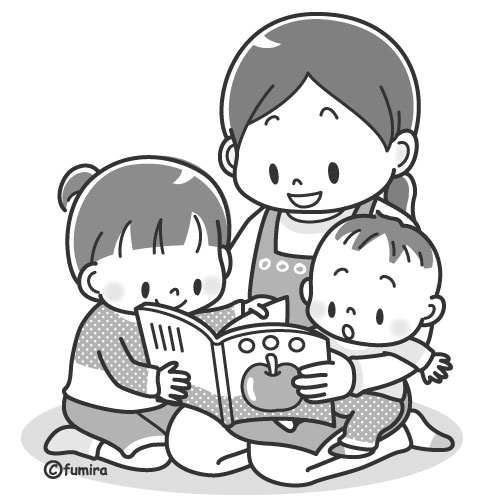 絵本を読む親子・読み聞かせのイラスト（ソフト）