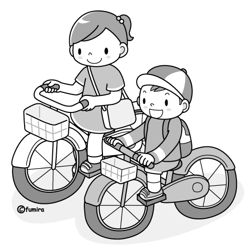 サイクリング 子供自転車 モノクロ 子供と動物のイラスト屋さん わたなべふみ
