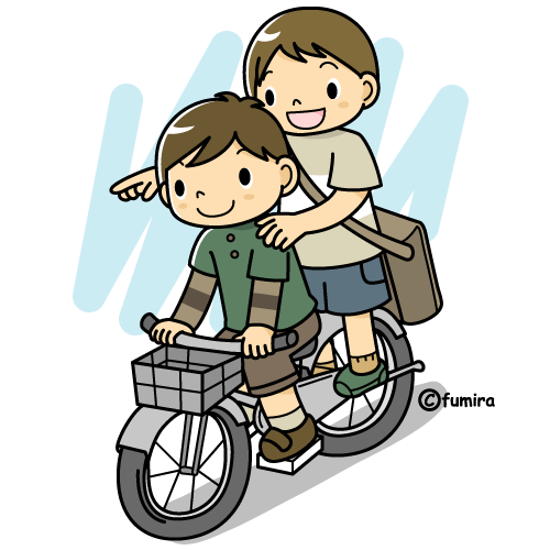 自転車に２人乗りをする子ども カラー 子供と動物のイラスト屋さん わたなべふみ