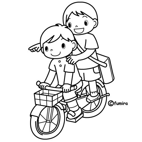自転車に２人乗りをする子ども ぬりえ