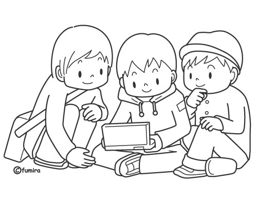 ゲームで遊ぶこどもたちのイラスト（ぬりえ） 