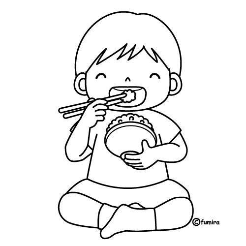 ごはん（白米）を食べる子どものイラスト（ぬりえ） 