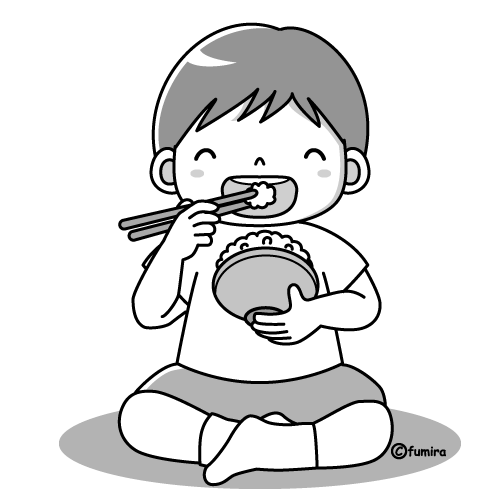 ごはん（白米）を食べる子どものイラスト（モノクロ） 