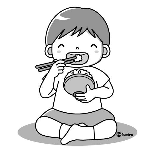 ごはん 白米 を食べる子どものイラスト モノクロ