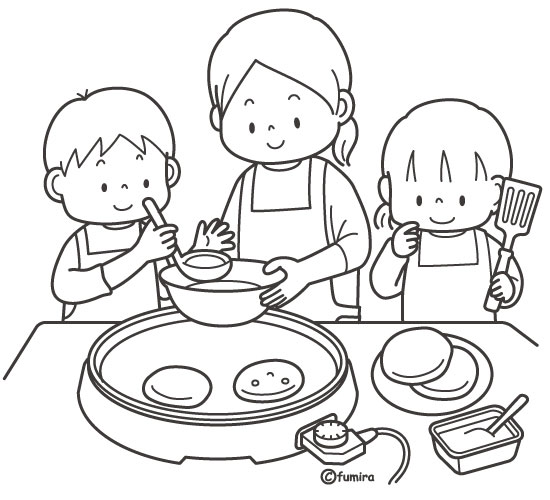 ホットケーキを焼いているお母さんと子どもたちのイラスト ぬりえ 子供と動物のイラスト屋さん わたなべふみ