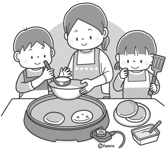 ホットケーキを焼いているお母さんと子どもたちのイラスト モノクロ 子供と動物のイラスト屋さん わたなべふみ