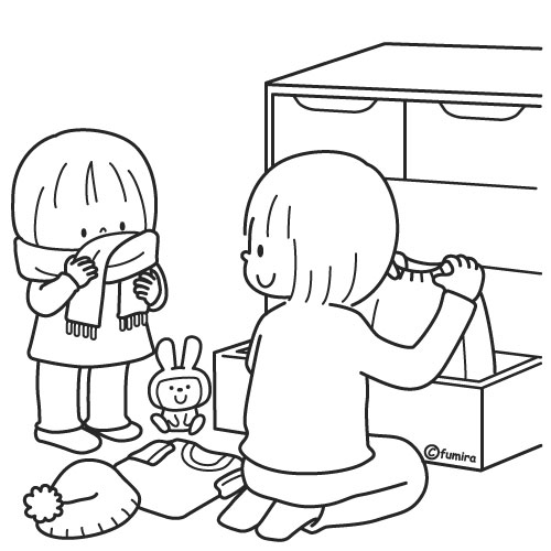 冬服 衣替えをするお母さんと子供のイラスト ぬりえ 子供と動物のイラスト屋さん わたなべふみ