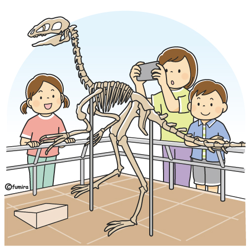恐竜の化石を見学する子どもたちのイラスト（カラー）