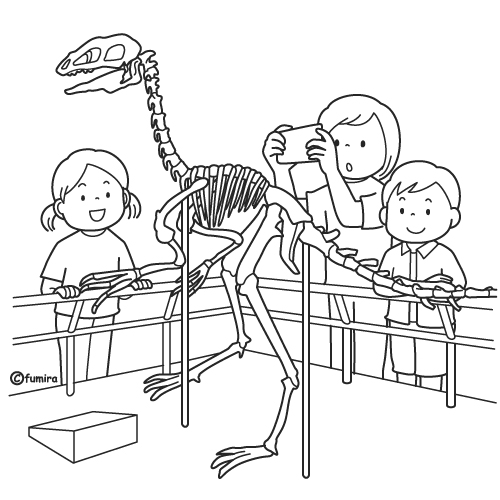 恐竜の化石を見学する子どもたちのイラスト（ぬりえ）