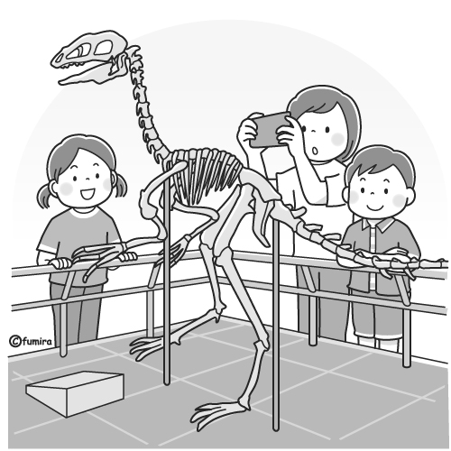 恐竜の化石を見学する子どもたちのイラスト（モノクロ）