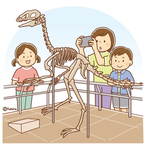 恐竜の化石を見学する子どもたちのイラスト（ソフト）