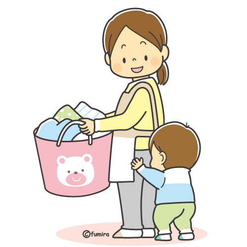 洗濯物を運んでいるおかあさんとこどものイラスト カラー 子供と動物のイラスト屋さん わたなべふみ
