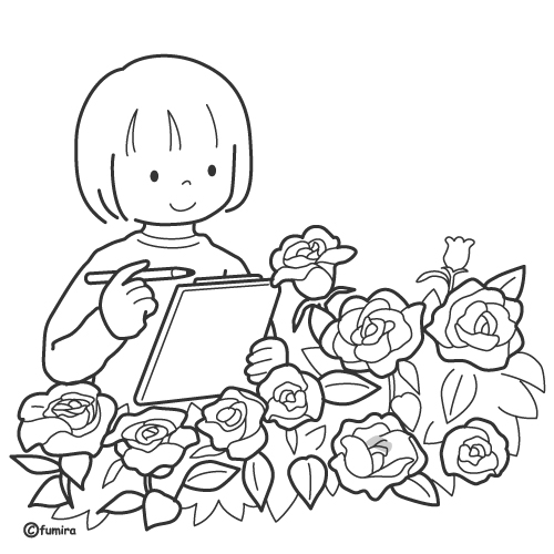 バラの観察をする女の子のイラスト（ぬりえ）