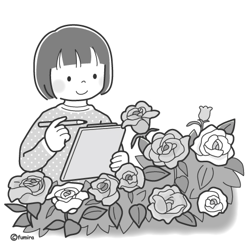 バラの観察をする女の子のイラスト（モノクロ）