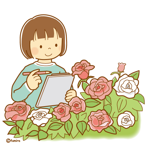 バラの観察をする女の子のイラスト（ソフト）
