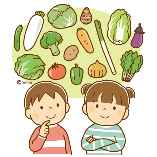 いろいろな野菜を思い浮かべているこどもたちのイラスト・指定野菜のイメージ（ソフト）