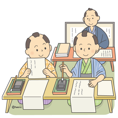 寺子屋で勉強する江戸時代の子どもたちと先生のイラスト（カラー）