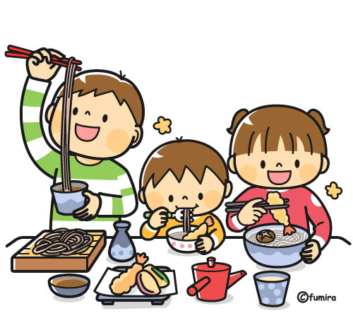年越し蕎麦・そばを食べる子どもたちのイラスト（カラー）