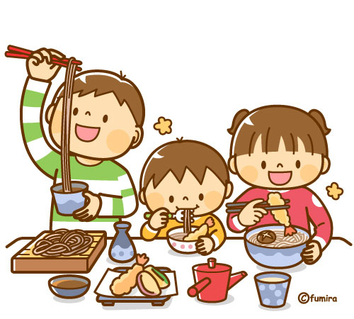年越し蕎麦・そばを食べる子どもたちのイラスト（ソフト）