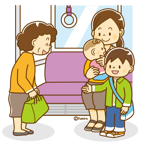 電車でおばあさんに席をゆずる子供のイラスト ソフト 子供と動物のイラスト屋さん わたなべふみ