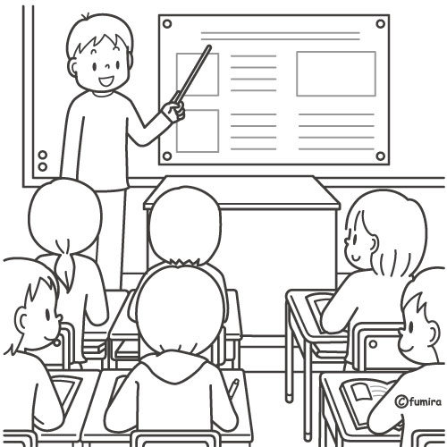 下駄箱で友達に挨拶をする男の子のイラスト（ぬりえ）