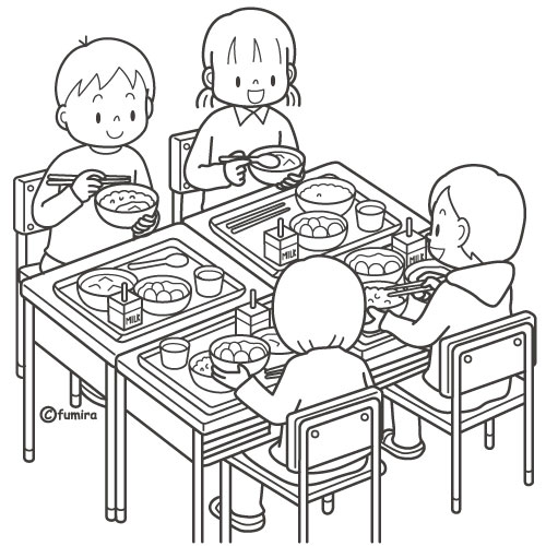 友達と給食を食べる男の子のイラスト ぬりえ