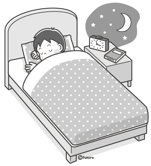 夜 ベッドで寝ている男の子のイラスト モノクロ