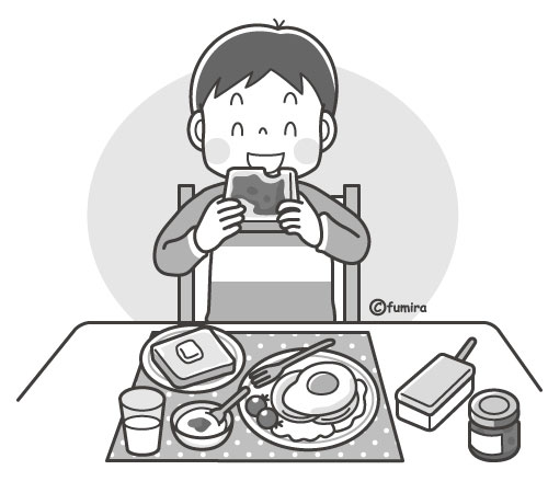 朝ごはんを食べる男の子のイラスト モノクロ